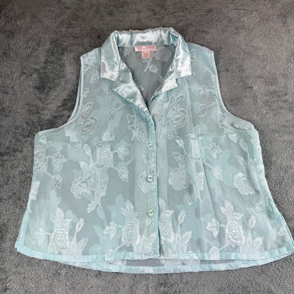 Oscar de la Renta Pink Label Sleeveless Pajama Top Aqua Floral Sheer‎ Mesh XL